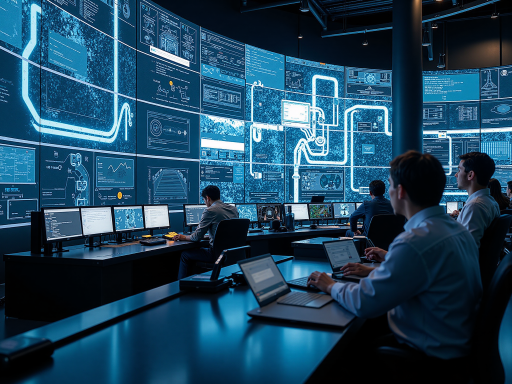 智慧城市数字基建与运营中心,大屏幕显示数据,技术人员工作场景